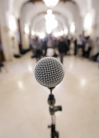 Closeup of microphone at a press conferenceの写真素材