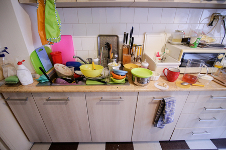 Dirty dishes in a domestic kitchenの写真素材