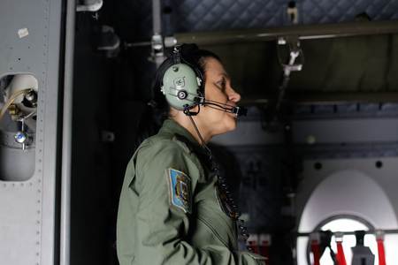 MIHAIL KOGALNICENU, ROMANIA - APRIL 27: Alenia C2-27J Spartan military aircraft crew member,  Friday, April 27, 2018, in Mihail Kogalniceanu military airbase.のeditorial素材