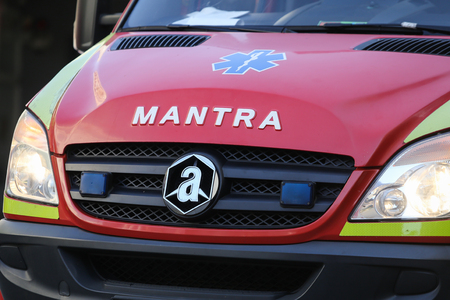 BUCHAREST, ROMANIA - August 13, 2018: Details of a Mantra ambulance at Floreasca Emergency Hospital