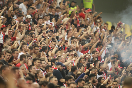 BUCHAREST, ROMANIA - July 28, 2018: Dinamo Bucharest supporters during the game between Dinamo and FCSB, on National Arena Stadiumのeditorial素材