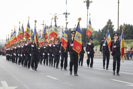 Bucharest, Romania - September 13, 2018: Firefighters parade in front of Palace of Parliament,...