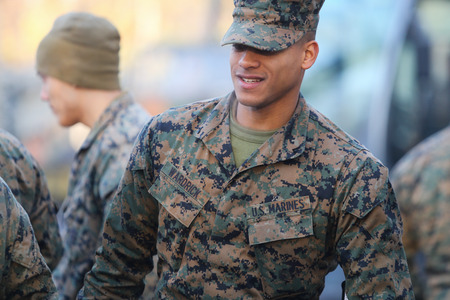 BUCHAREST, ROMANIA - December 1, 2018: US marines take part at the Romaniaâ€™s National Day military parade, in Bucharest.