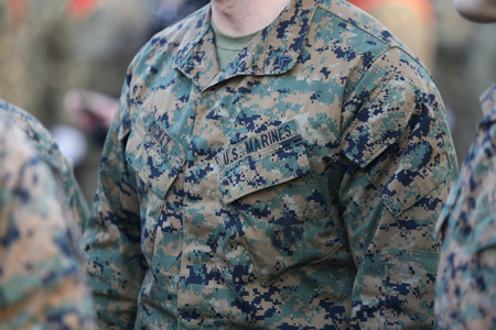 BUCHAREST, ROMANIA - December 1, 2018: US marines take part at the Romaniaâs National Day military parade, in Bucharest.のeditorial素材