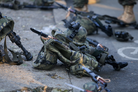 Bucharest, Romania - December 1, 2018: Polish Beryl 5.56Ã—45mm NATO assault rifles with...