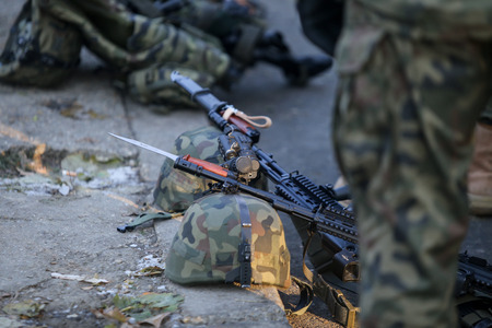 Bucharest, Romania - December 1, 2018: Polish Beryl 5.56Ã—45mm NATO assault rifles with...