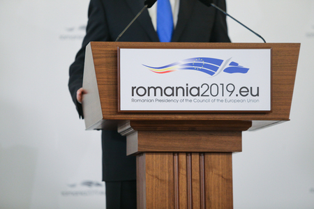 Bucharest, Romania - January 11, 2019: Logo of the Romanian Presidency of the Council of the European Union during a press briefingのeditorial素材
