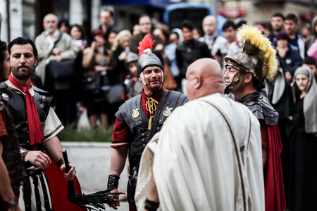 Bucharest, Romania - April 15, 2014: Dramatisation by actors of the Passion of Christ - drama,...