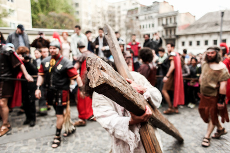 Bucharest, Romania - April 15, 2014: Dramatisation by actors of the Passion of Christ - drama,...