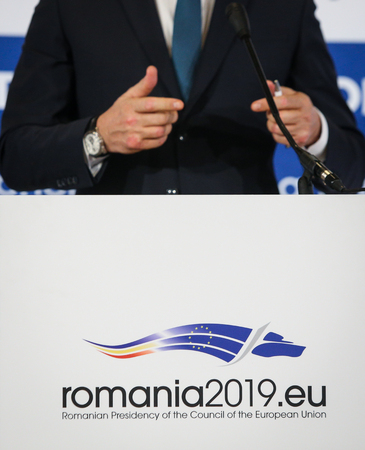 Bucharest, Romania - April 6, 2019: Logo of the Romanian Presidency of the Council of the European Union during a press briefingのeditorial素材