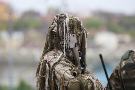 Bucharest, Romania - April 7, 2019: Romanian special forces soldiers take part at a military ceremony.のeditorial素材