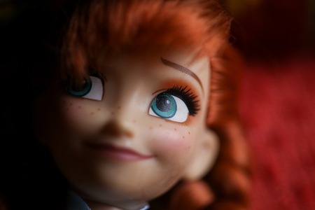 Pitesti, Romania - April 30, 2019: Details with the Disney doll Anna from Frozen in the hands of a little girl.のeditorial素材