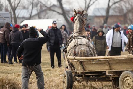 Pietrosani, Romania - January 6, 2019: Man whips an adorned horse pulling a wooden cart, before an...
