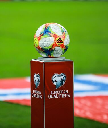 Bucharest, Romania - October 15, 2019: Details with the Adidas Conext 19 European qualifiers official soccer match ball on Arena Nationala stadium.のeditorial素材
