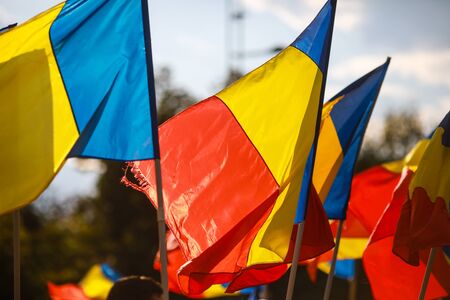 People wave the Romanian flag during a rallyの写真素材