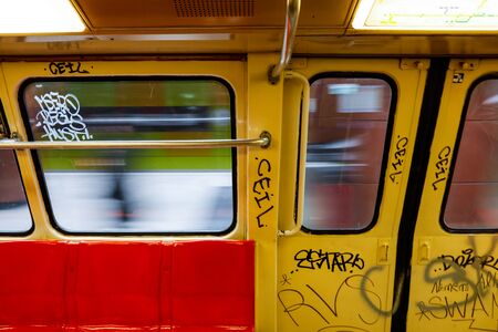 Bucharest, Romania - November 19, 2019: A dirty and old metro full of graffiti.のeditorial素材