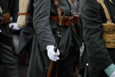 Bucharest, Romania: World War I reenactors with their equipment take part at the Romanian National Day military parade.の写真素材