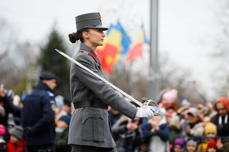 Bucharest, Romania - December 01, 2019: Female soldier World War I reenactor take part at the...