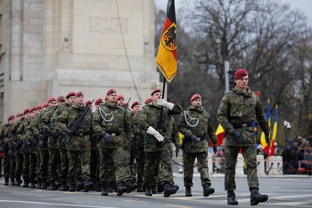 Bucharest, Romania - December 01, 2019: German soldiers take part at the Romanian National Day...