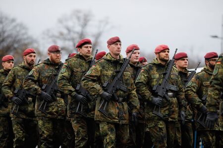 Bucharest, Romania - December 01, 2019: German soldiers take part at the Romanian National Day...
