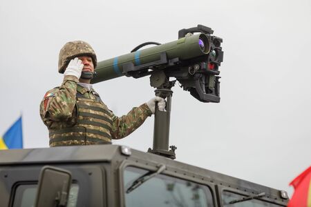 BUCHAREST, ROMANIA - December 1, 2019: TOW anti-tank guided missile on top of a Humvee, during the Romanian National Day military parade.のeditorial素材
