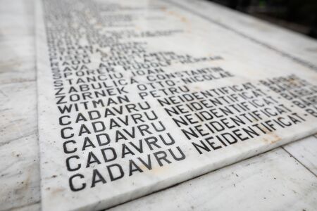 Popesti Leordeni, Romania - December 20, 2019: Shallow depth of field (selective focus) image with names of victims of the Romanian Revolution from december 1989 on a monument.のeditorial素材