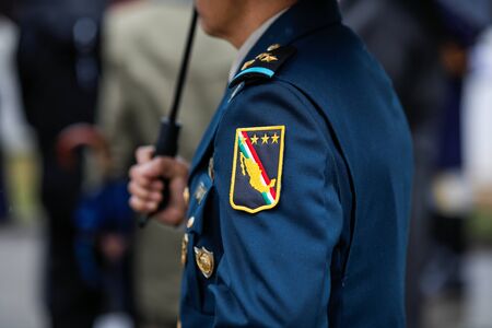 Bucharest, Romania - February 21, 2020: Details of a Mexican officer uniform with a military patch