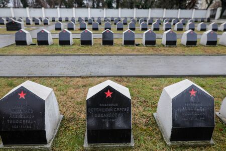 Bucharest, Romania - February 21, 2020: Graves in the Red Army Cemetery in Bucharest during a cold and rainy winter day.のeditorial素材