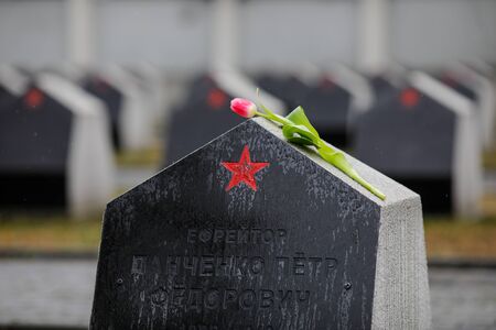Bucharest, Romania - February 21, 2020: Graves in the Red Army Cemetery in Bucharest during a cold and rainy winter day.のeditorial素材