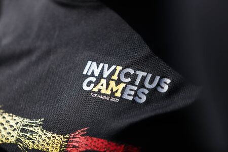 Bucharest, Romania - May 5, 2019: Details with the logo of 2020 Invictus Games in Hague, on the...