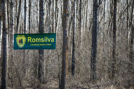 Uliesti, Romania - March 06, 2020: Romsilva logo in a forest (Romanian state-owned enterprise responsible for dealing with the protection of forests)のeditorial素材