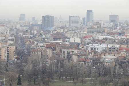 Bucharest, Romania - March 03, 2020: Overview of Bucharest as seen from the Palace of Parliament on a cloudy day.のeditorial素材