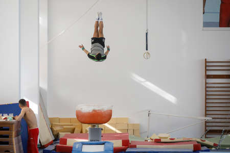 Bucharest, Romania - February 12, 2020: Romanian gymnast Marian Dragulescu trains in the Lia Manoliu...