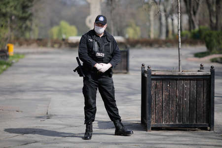 Bucharest, Romania - March 28, 2020: Members of the Local Police, or Municipal Police.のeditorial素材
