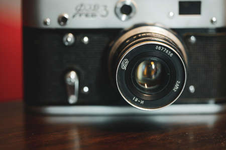 Bucharest, Romania - April 7, 2020: Details and shallow depth of field image (selective focus) with the F3 Ukrainian rangefinder vintage photo camera.のeditorial素材