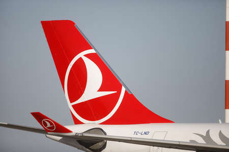 Otopeni, Romania - April 8, 2020: Turkish Airlines airplane on Henri Coanda International Airport.のeditorial素材