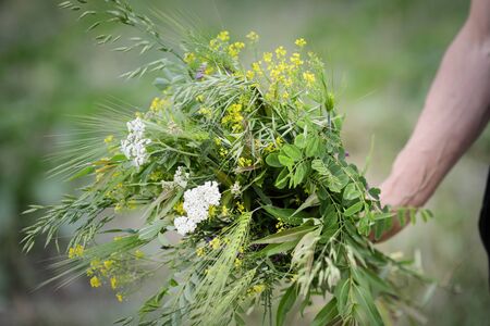 Details with the hand of a man holding a bouquet of wild flowers.の写真素材