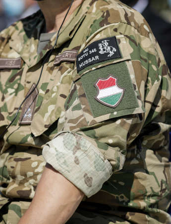 Capu Midia, Romania - September 17, 2020: Logo of the Hungarian Hussars on the uniform of an...
