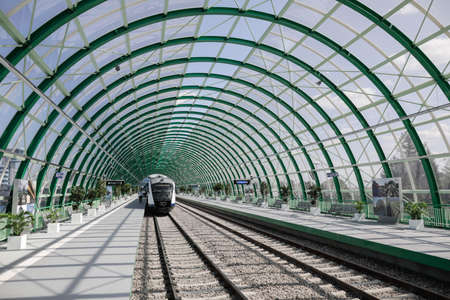 Otopeni, Romania - September 21, 2020: Details from the newly built train station at the Henri Coanda International Airport.のeditorial素材
