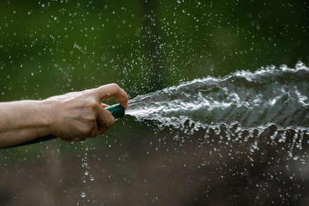 Details with the hand of a senior woman watering her rural garden with a hose.の写真素材