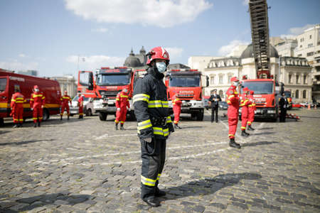 Bucharest, Romania - September 14, 2020: Romanian firefighters take part at an outdoors event.
