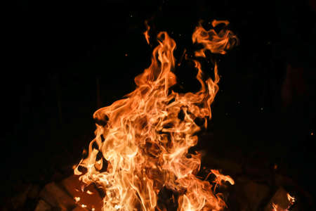 Details of a wood fire in a red brick fireplace dug in the groundの写真素材