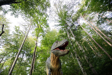 Rasnov, Romania - October 3, 2020: Tyrannosaurus rex model at an outdoors dino park in Romania.のeditorial素材