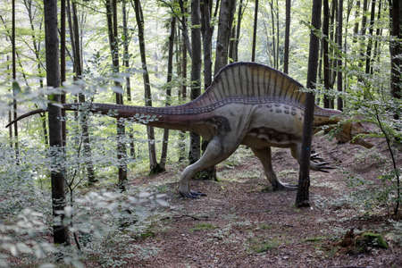 Rasnov, Romania - October 3, 2020: Details with a Spinosaurus dinosaur model at an outdoors dino park in Romania.のeditorial素材
