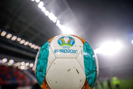 Bucharest, Romania - November 27, 2020: Details with a wet Euro 2020 official soccer match ball in a stadium.のeditorial素材