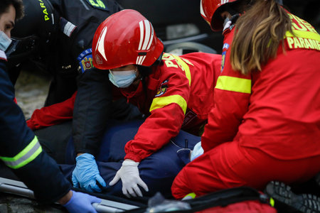 Bucharest, Romania - December 5, 2020: Paramedics from the Romanian Ambulance (SMURD) exercise the rescue of a car crash victim.のeditorial素材