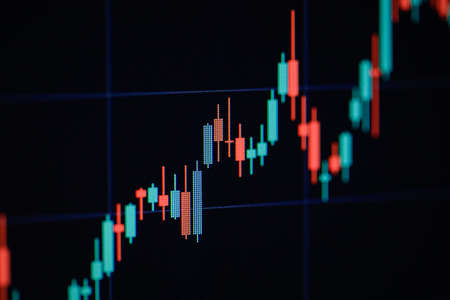 Shallow depth of field (selective focus) with details of a candlestick chart on a computer screen.