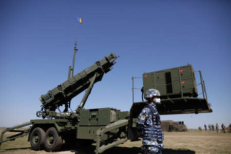 Smardan, Romania - May 11, 2021: The Patriot surface-to-air missile system of the Romanian Army at the Smardan military shooting range, Romania.のeditorial素材