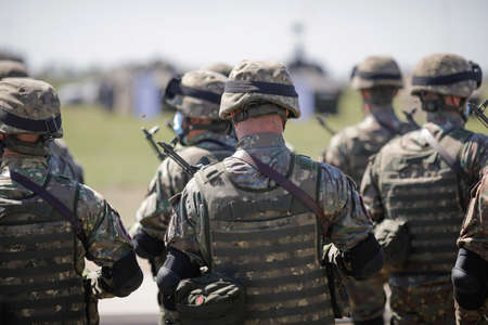 Smardan, Romania - May 11, 2021: Romanian soldiers take part in a joint military exercise in Smardan firing range, southeastern Romania.のeditorial素材