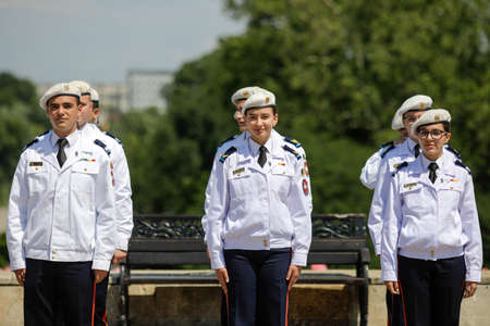 Bucharest, Romania - June 10, 2021: Young Romanian army cadets/pupils attend a military ceremony.のeditorial素材